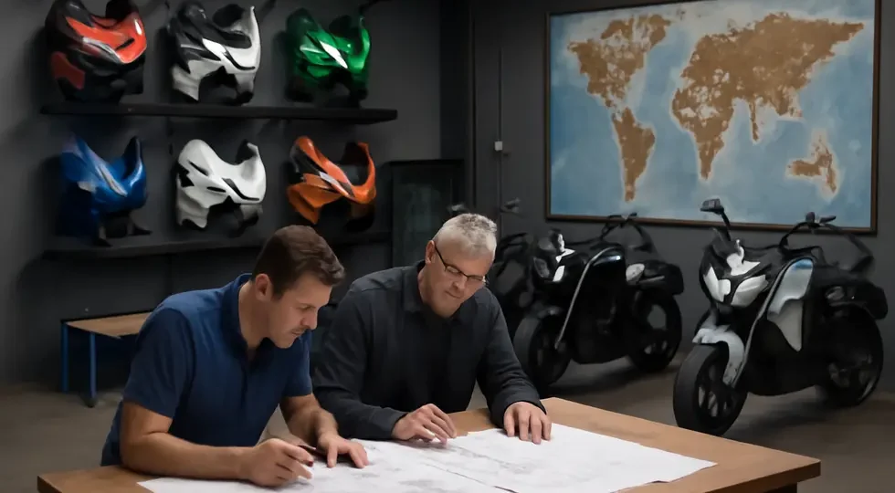 A dynamic motorcycle workshop with various fairings, design processes, and a global manufacturing map illustrating the worldwide motorcycle fairing supplier industry.