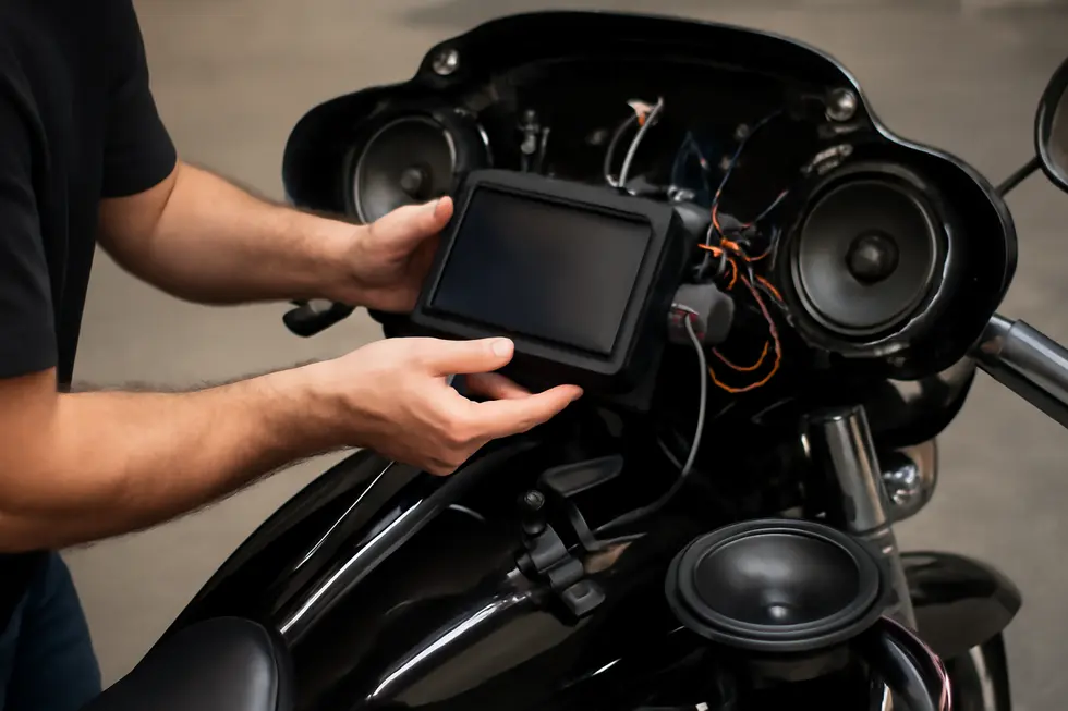 Detailed view of a modern motorcycle fairing stereo system highlighting its protective design and premium speaker components.