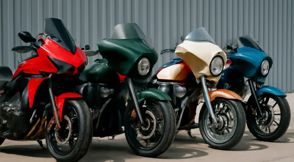 Diverse motorcycles showcasing unique custom fairings crafted from templates.