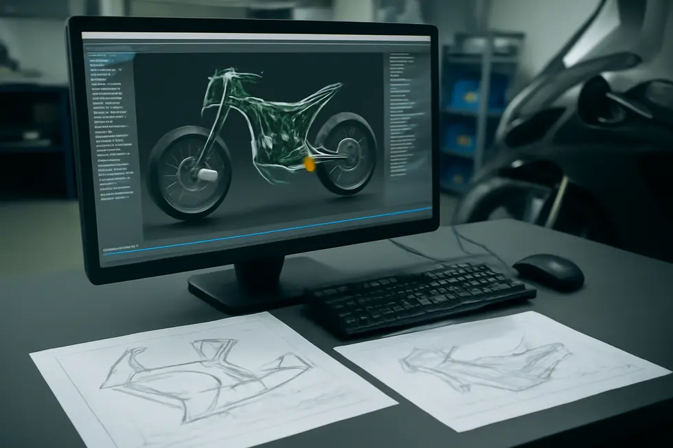 Visualization of MotoSPEC software aligning motorcycle chassis and suspension with fairing design considerations in a professional engineering setup.