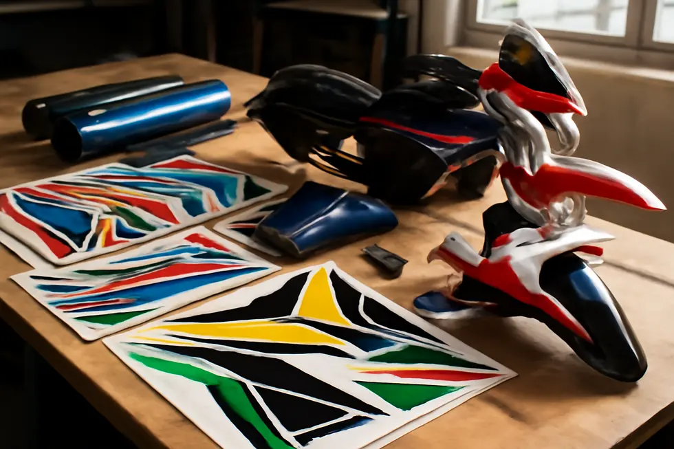 A selection of motorcycle fairing sticker kits displaying different types, materials, and sample applications.