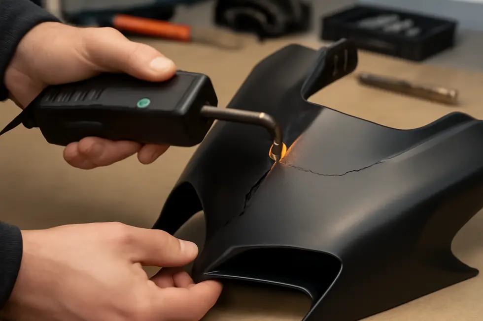 Technician applying plastic welding with hot staples to an ABS motorcycle fairing crack.