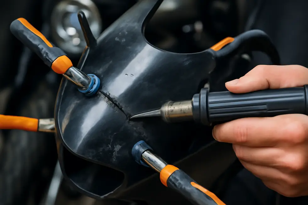 A technician performing delicate cleaning and surface preparation to remove dirt and contaminants from a motorcycle fairing.