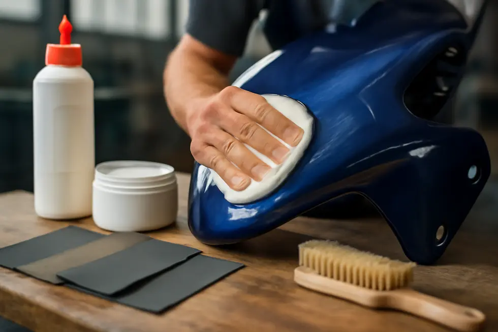 A technician carefully preparing and polishing a motorcycle fairing to restore its surface from scratches using specialized compounds and sanding tools.