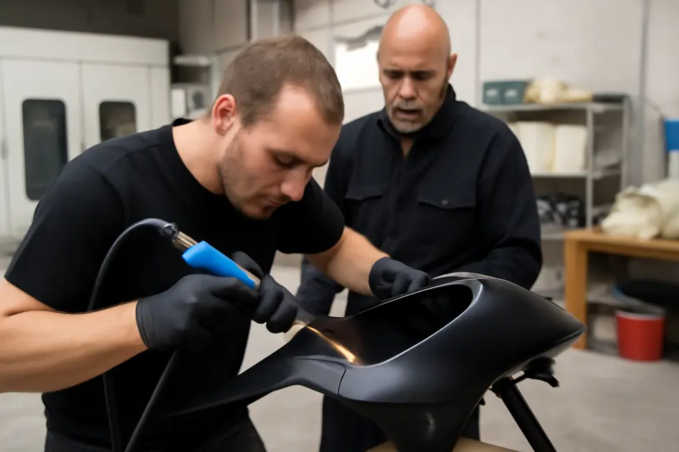 Various types of motorcycle fairing damage including cracks, scratches, and broken mounting points laid out for repair assessment.