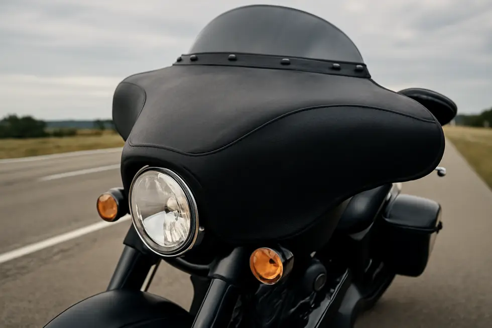 A motorcycle fairing bra made from durable vinyl protects the bike’s front fairing against scratches and debris.