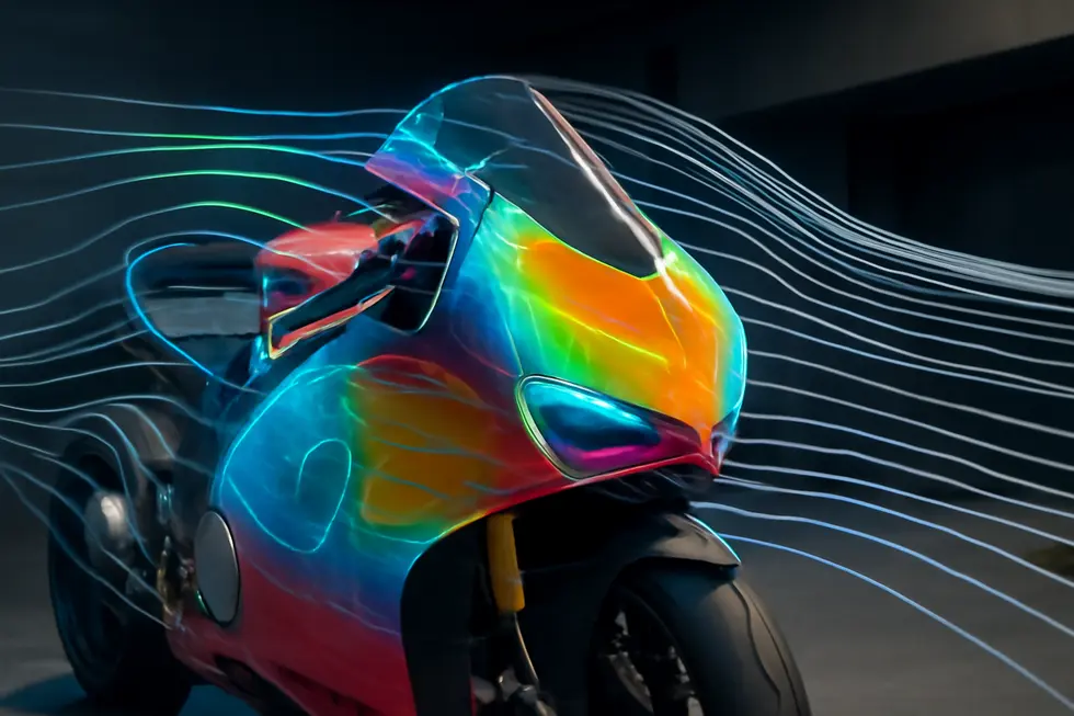 Visualization of MotoSPEC software aligning motorcycle chassis and suspension with fairing design considerations in a professional engineering setup.