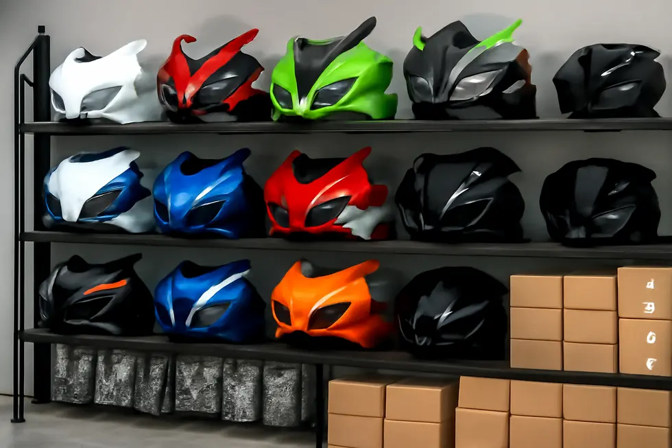 Various types of motorcycle fairing damage including cracks, scratches, and broken mounting points laid out for repair assessment.