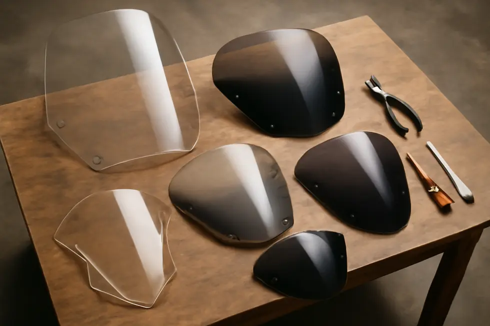 Different types of motorcycle windshields ready for selection.