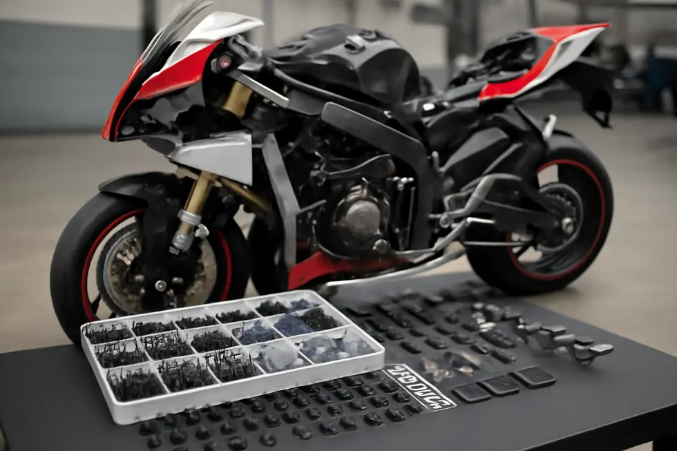 An assortment of universal and model-specific motorcycle fairing hardware kits displayed for versatile business inventory options.