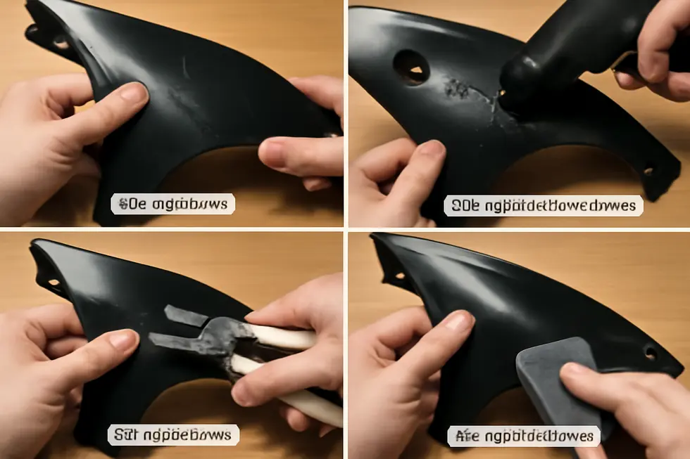 Technician applying plastic welding with hot staples to an ABS motorcycle fairing crack.