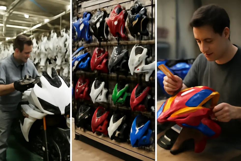 Warehouse of global motorcycle fairing suppliers featuring multiple brand fairing panels and quality inspection processes.