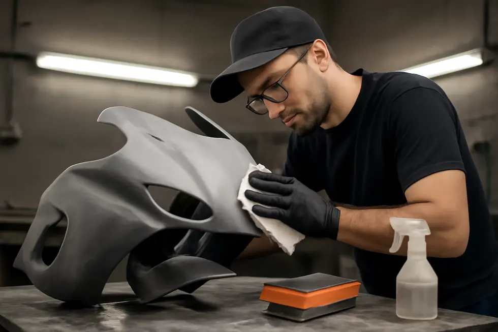 Thorough sanding and cleaning of motorcycle fairings ensure optimal paint adhesion and a flawless finish.