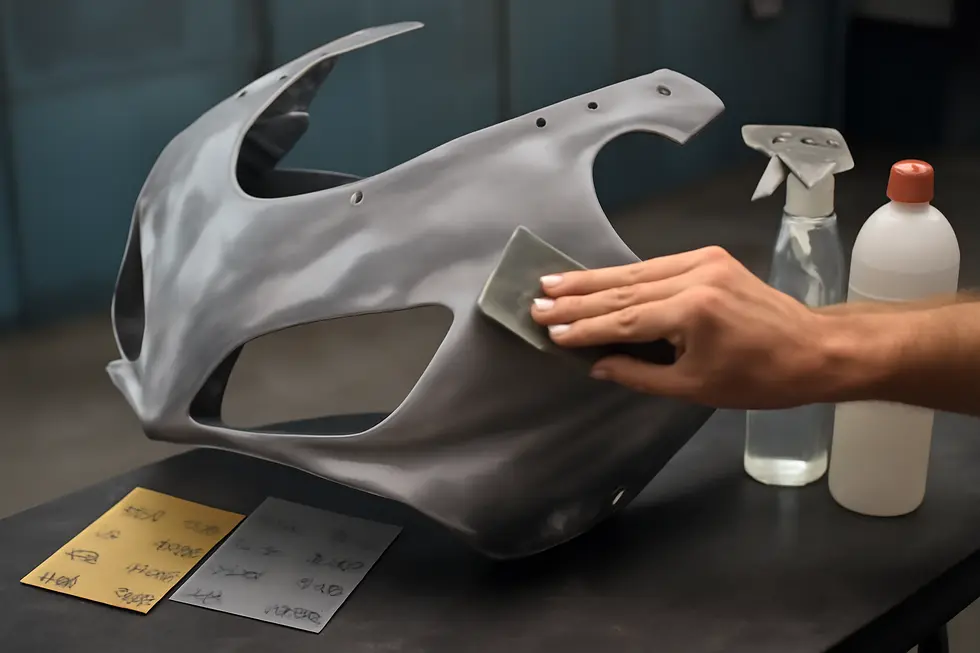 A motorcycle fairing being meticulously sanded and prepared for primer application in a professional workshop.
