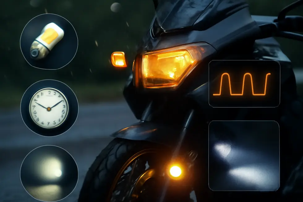 Illustration of various motorcycle fairing lights including LED turn signals, fog lights, and accent illumination enhancing visibility and style.