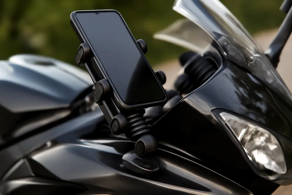 Detailed view of the locking mechanism and vibration dampening features integral to fairing phone mounts.