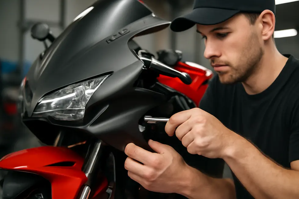 Technician reviewing motorcycle fairings of various materials alongside digital OEM design specifications.