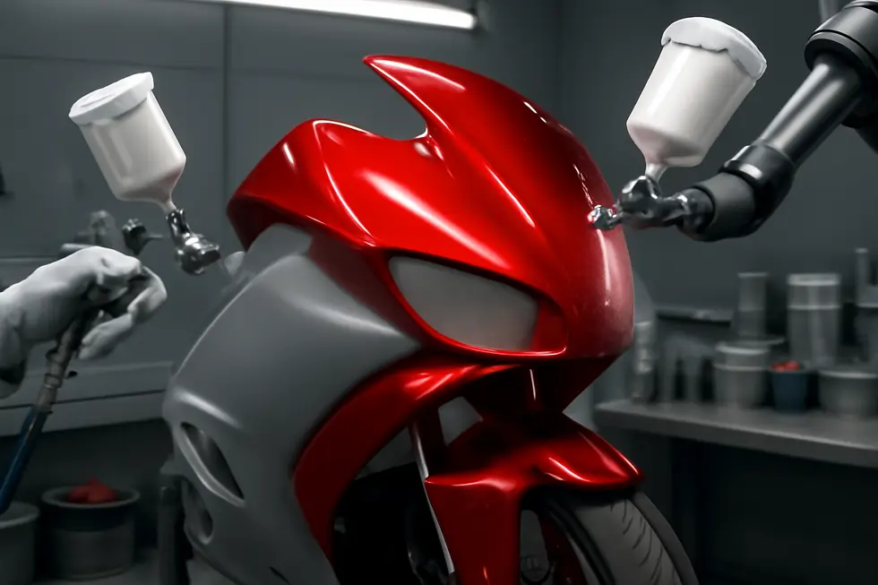 Multi-step professional painting process applied to a motorcycle fairing showcasing primer, base coat, metallic flakes, and clear coat.