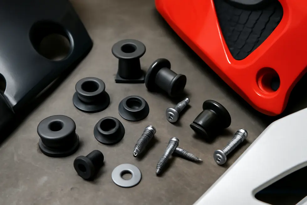Detailed view of rubber and plastic fairing grommets alongside mounting hardware demonstrating their role in vibration absorption and panel security.