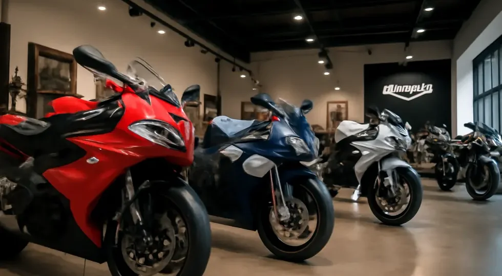 A Triumph motorcycle showroom emphasizing models designed with various fairings, capturing the spirit of riding.