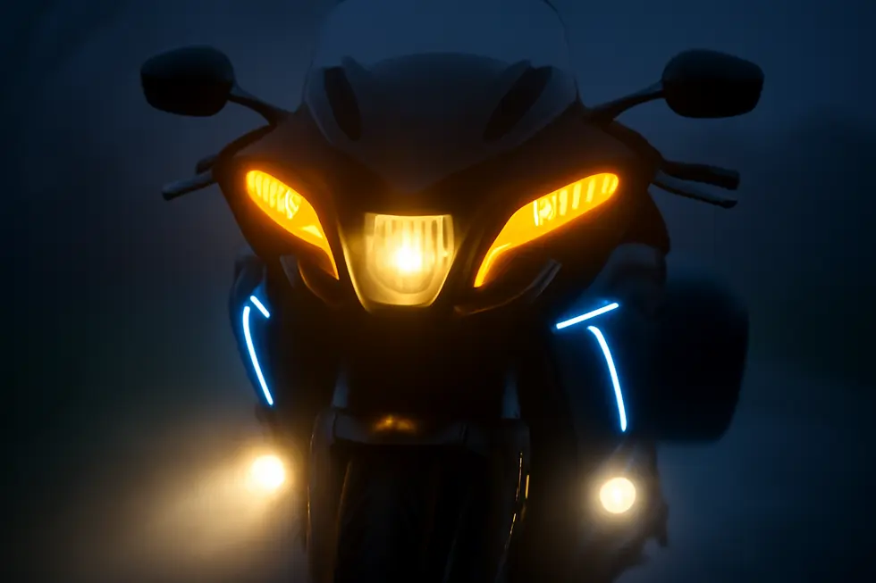 Illustration of various motorcycle fairing lights including LED turn signals, fog lights, and accent illumination enhancing visibility and style.