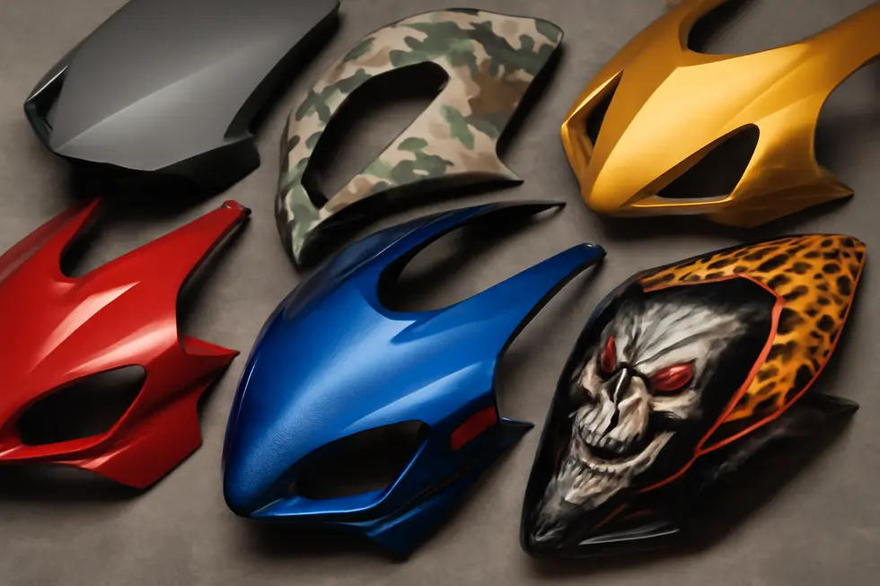 Close-up of a motorcycle fairing wrap demonstrating the variety of finishes and durability.