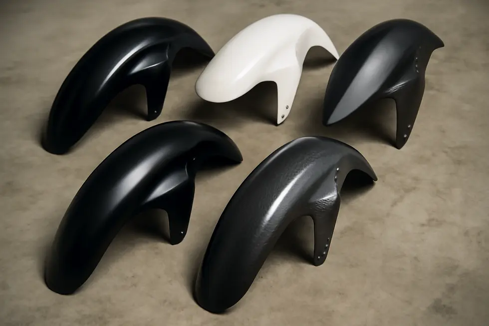 Various types of motorcycle front wheel fairings illustrating the diversity in styles and applications.