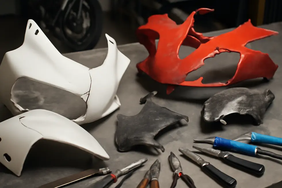 Various types of motorcycle fairing damage including cracks, scratches, and broken mounting points laid out for repair assessment.
