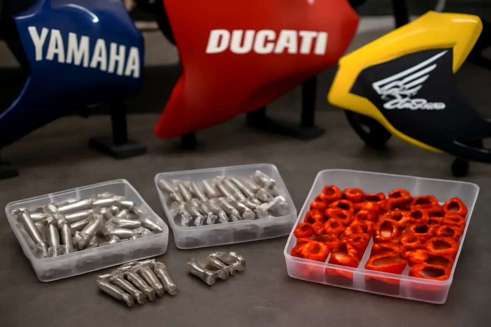 An assortment of universal and model-specific motorcycle fairing hardware kits displayed for versatile business inventory options.