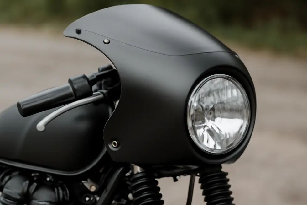 Close-up of a universal motorcycle headlight fairing highlighting its design features.
