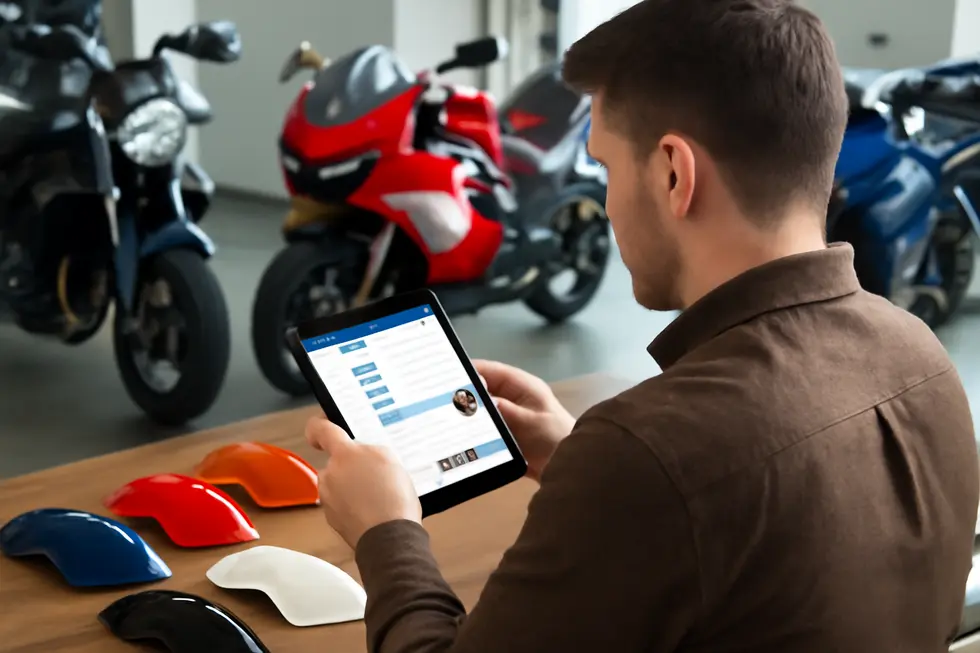 A business owner searching online for local motorcycle fairing paint shops to find reliable partners.