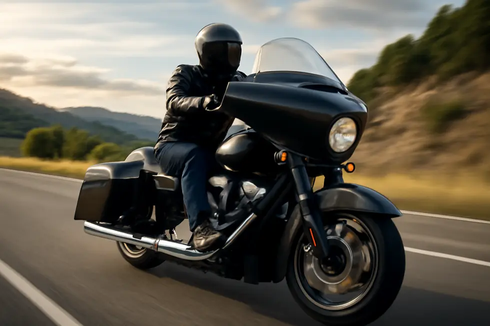 Aerodynamic touring fairing enhances motorcycle efficiency on the road.