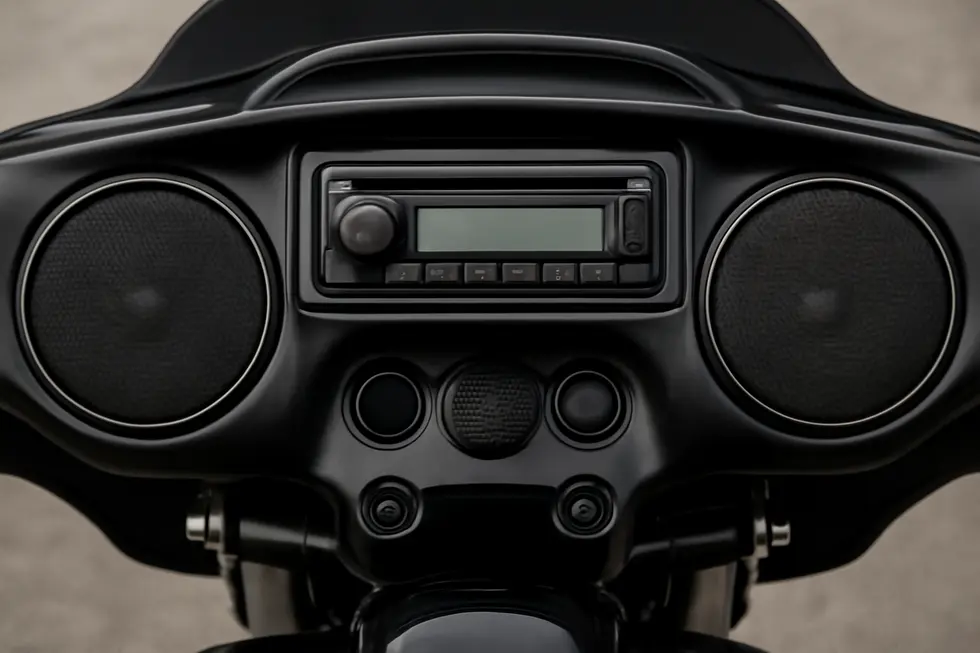 Detailed view of a motorcycle radio fairing designed for optimal audio integration, featuring built-in speakers and a sleek design.