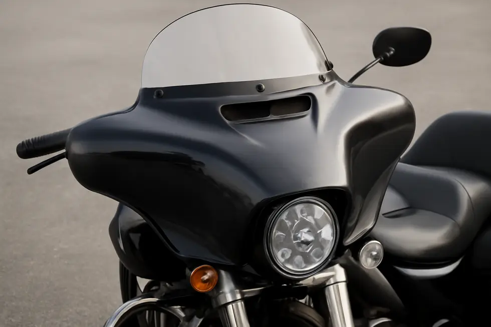 Aerodynamic touring fairing enhances motorcycle efficiency on the road.