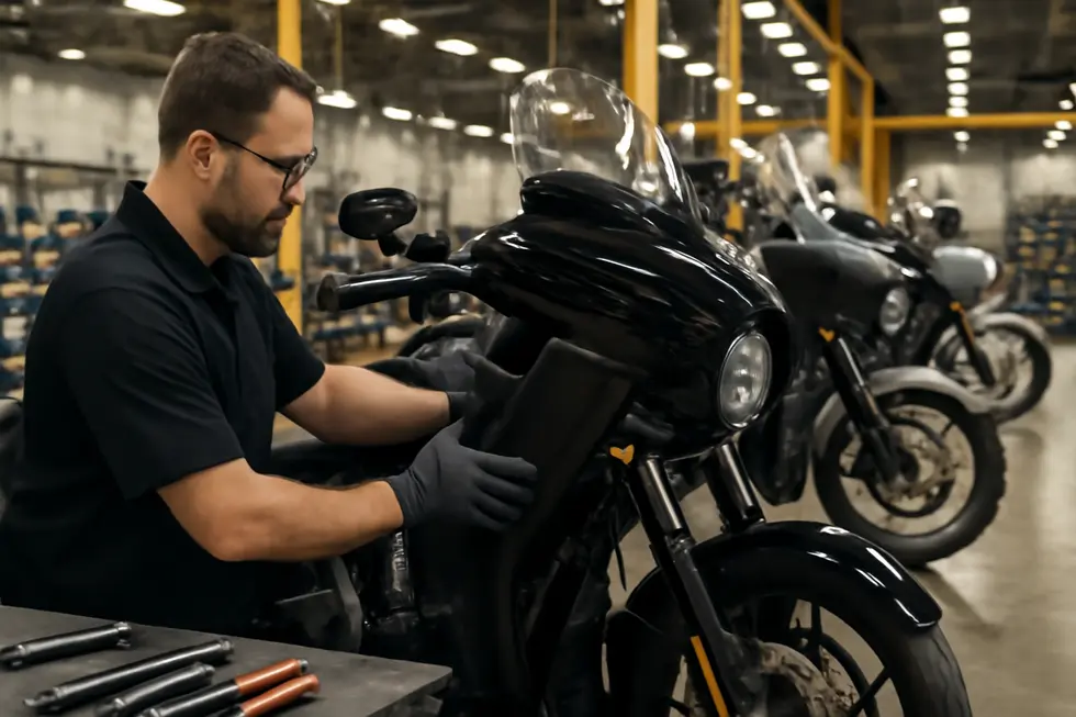 Detail view of motorcycle leg fairings demonstrating design intent for aerodynamic efficiency.