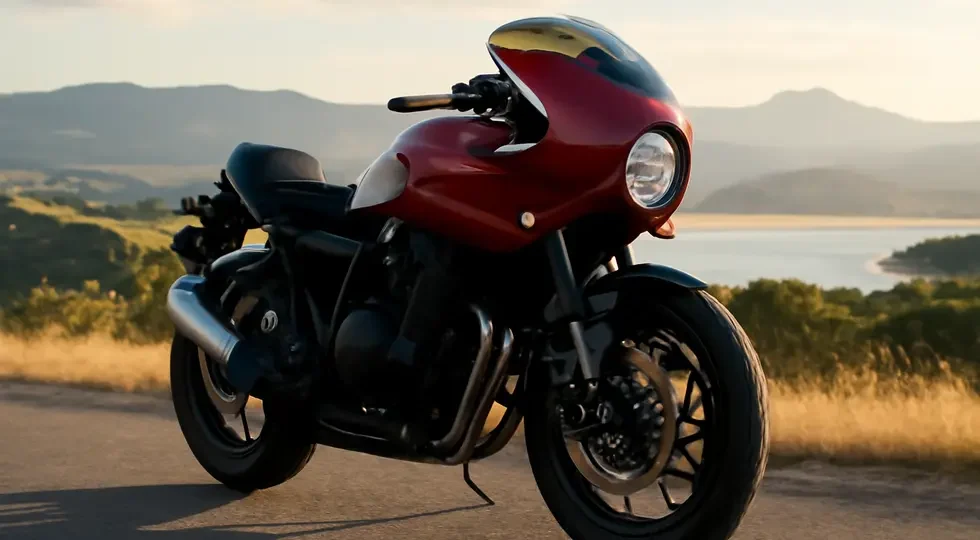 A motorcycle adorned with a custom nose fairing, blending style with performance.