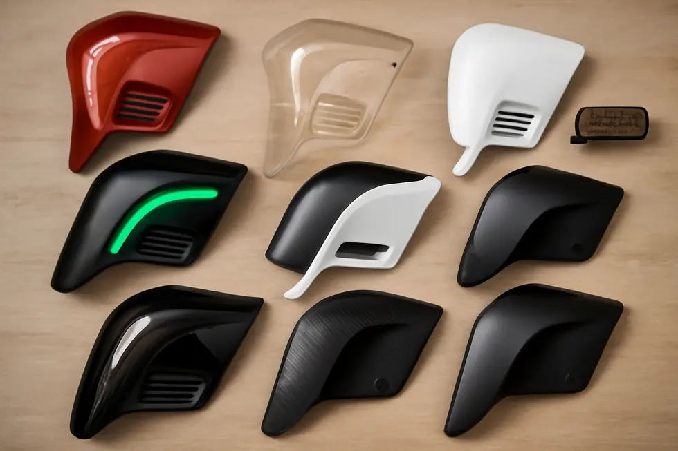 Detail view of motorcycle leg fairings demonstrating design intent for aerodynamic efficiency.