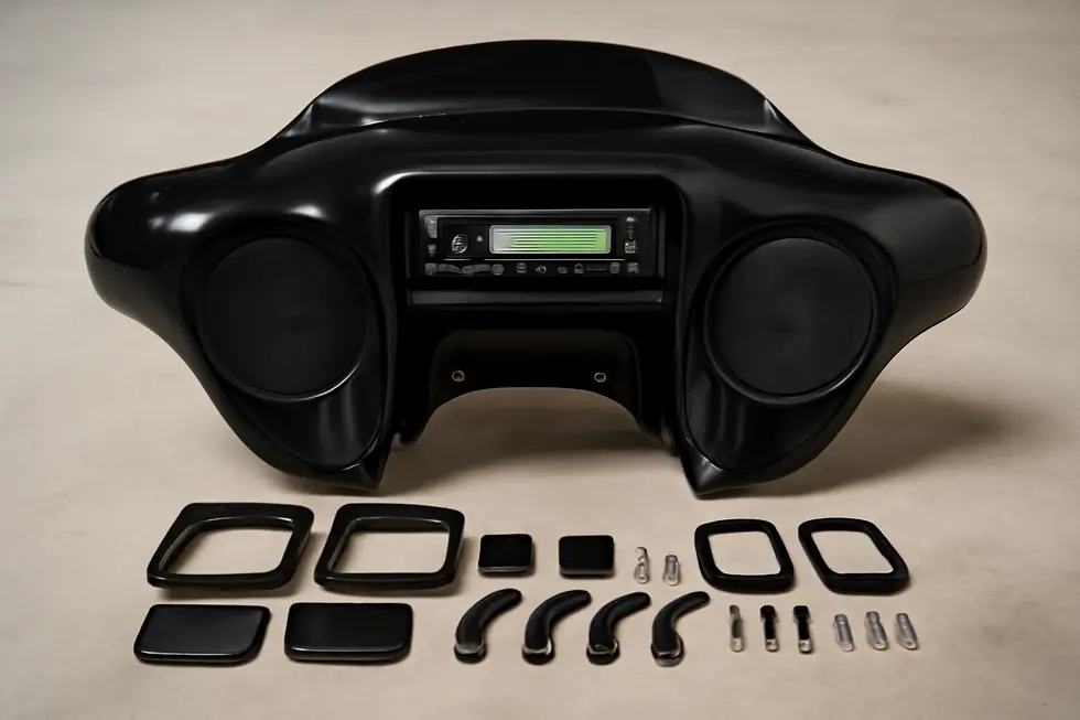 Detailed view of a motorcycle radio fairing designed for optimal audio integration, featuring built-in speakers and a sleek design.