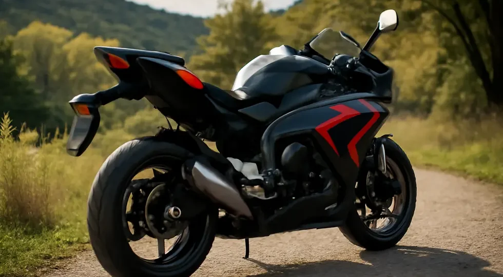 A motorcycle showcasing its rear fairing in a striking outdoor setting.