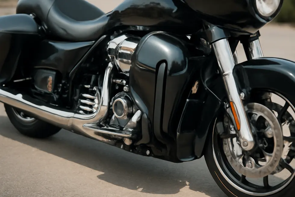 Detail view of motorcycle leg fairings demonstrating design intent for aerodynamic efficiency.