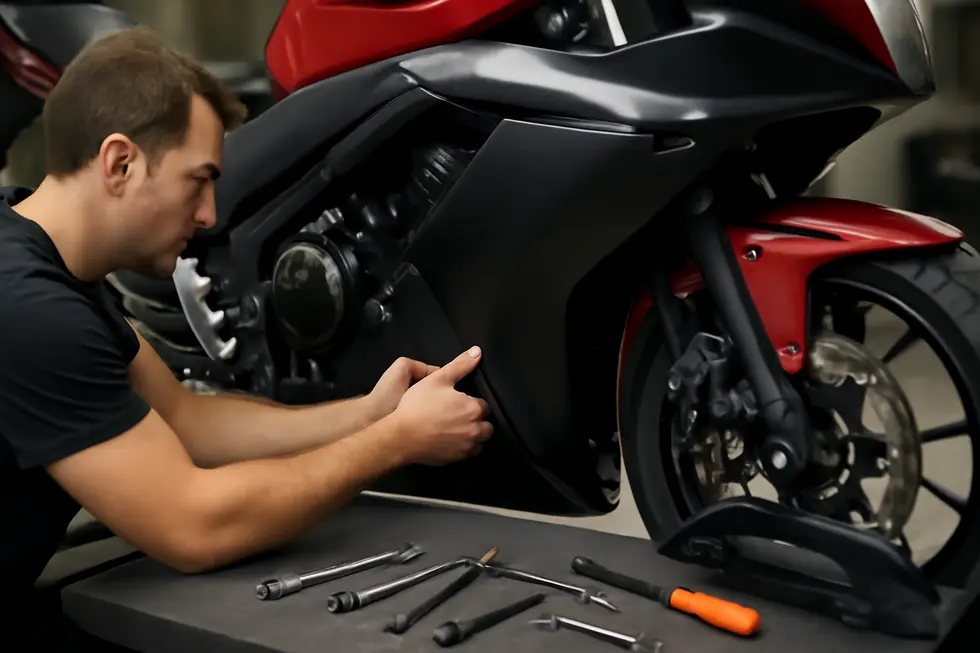 A motorcycle displaying its side fairing, highlighting aerodynamic features that enhance performance.