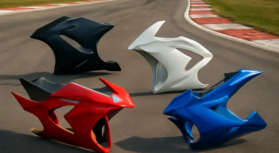 Showcasing a variety of motorcycle side fairings, representing design versatility and performance characteristics.