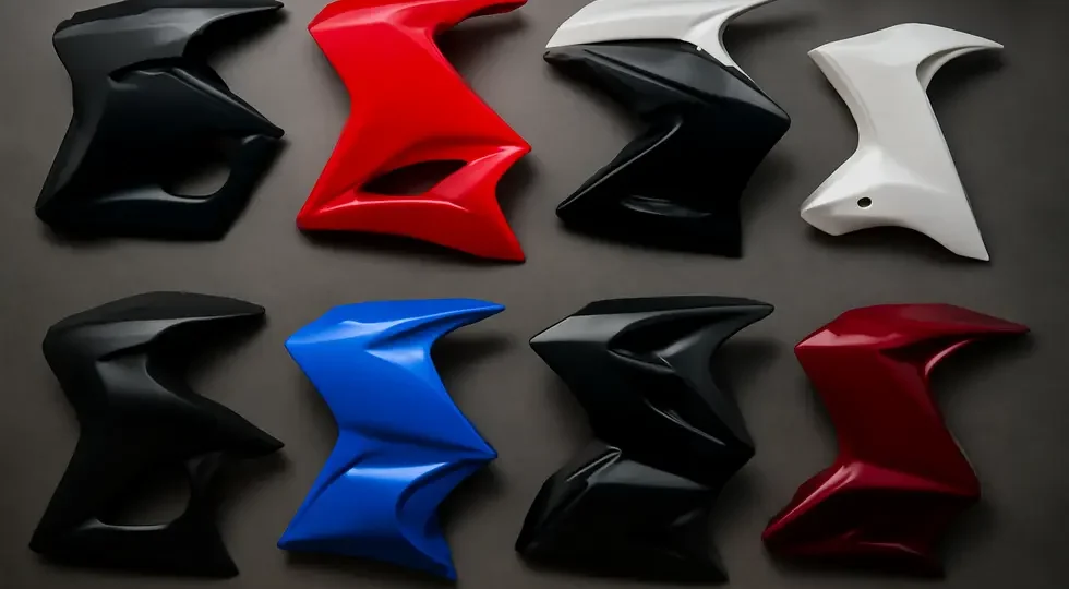 A diverse collection of motorcycle lower fairings highlighting their aesthetic appeal and variety.