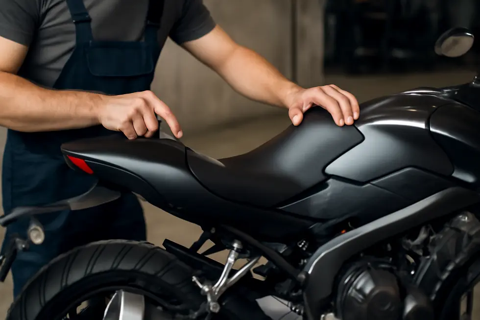 A high-performance motorcycle featuring an aerodynamic seat fairing that enhances both style and functionality.