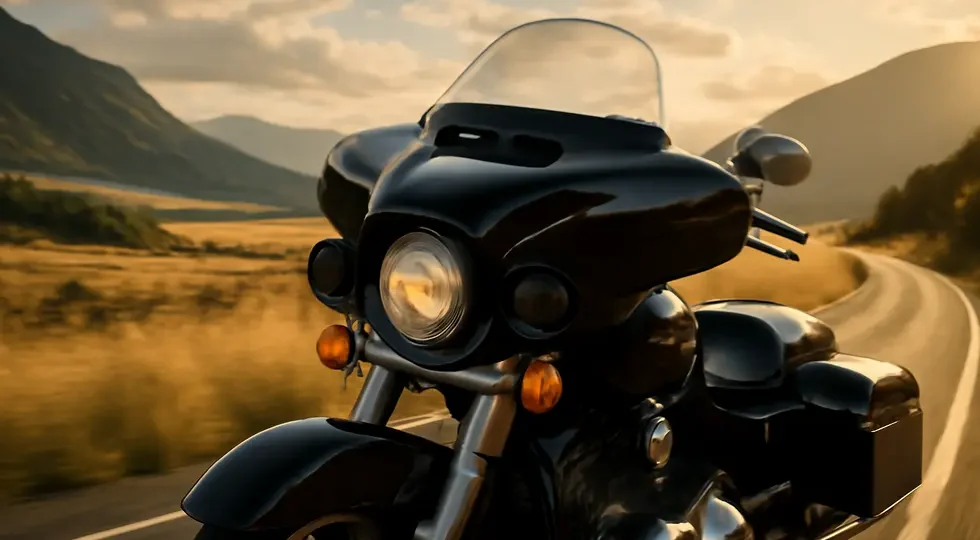 A touring motorcycle styled with an appealing radio fairing, set against a backdrop of stunning landscapes.