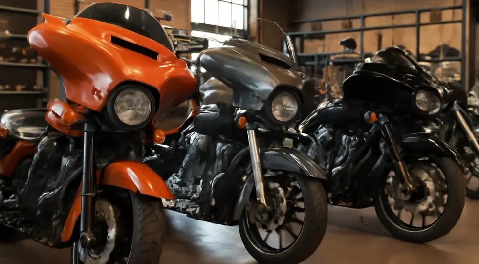 A variety of motorcycles with touring fairings presented in a shop, highlighting design options.