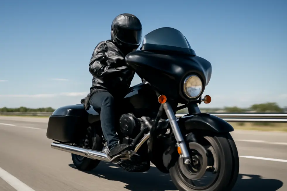 A motorcycle with a wind fairing illustrating the reduction of wind resistance during highway rides.