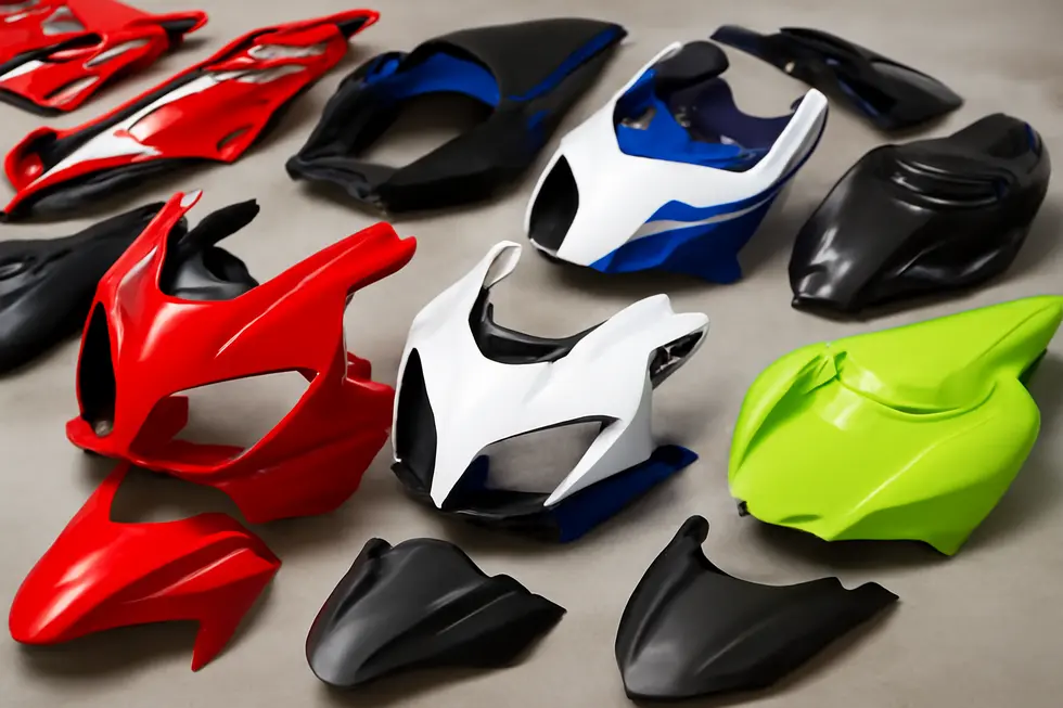 Diverse motorcycle fairings showcasing creative custom designs.