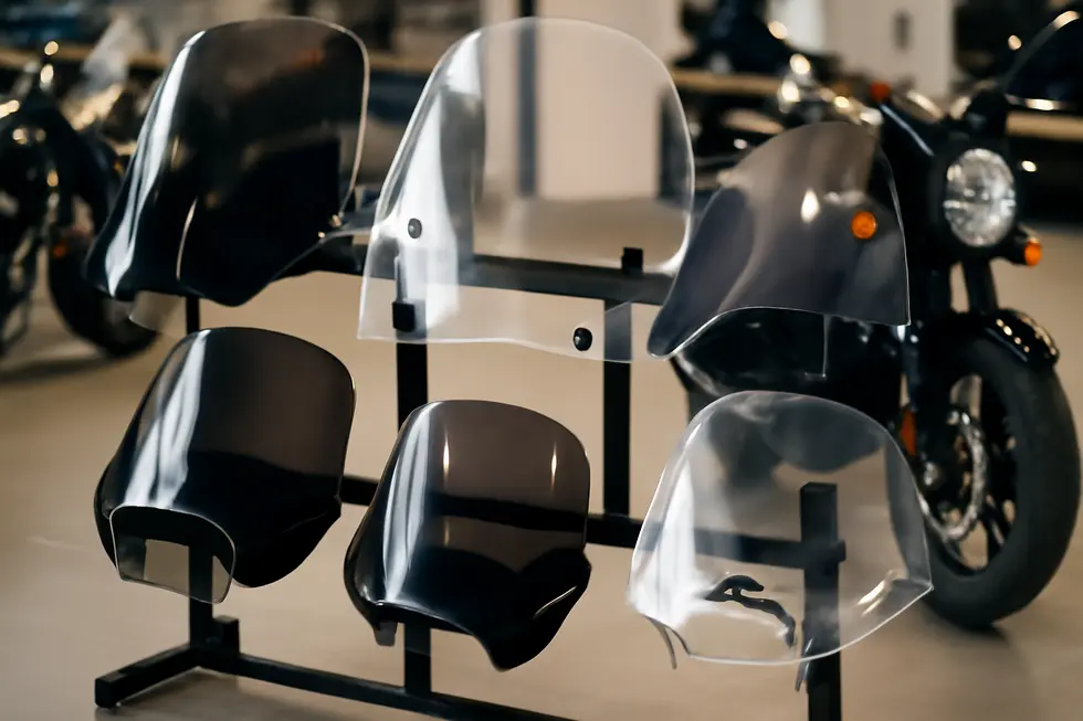 A motorcycle with a wind fairing illustrating the reduction of wind resistance during highway rides.