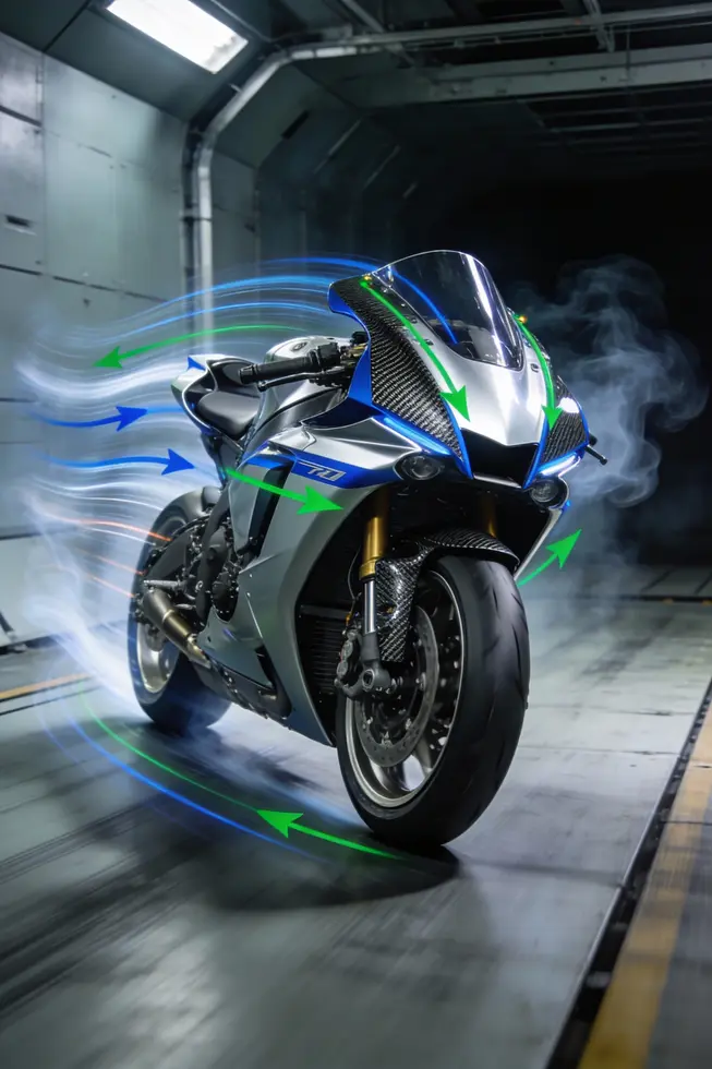 Full fairing shown in a wind tunnel diagram, illustrating drag reduction and high-speed stability.